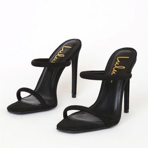 Lulu’s Theyaa Black Suede Square-Toe High Heel Sandals